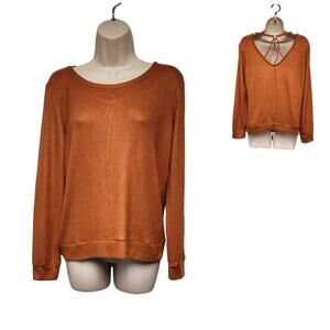 Iris  Round-Neck Long Sleeve Cut Out Back Sweater Blouse Medium Color Orange